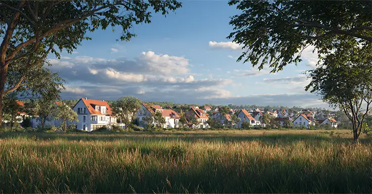 Grundstück mit Vermessungspfählen in einer Siedlung